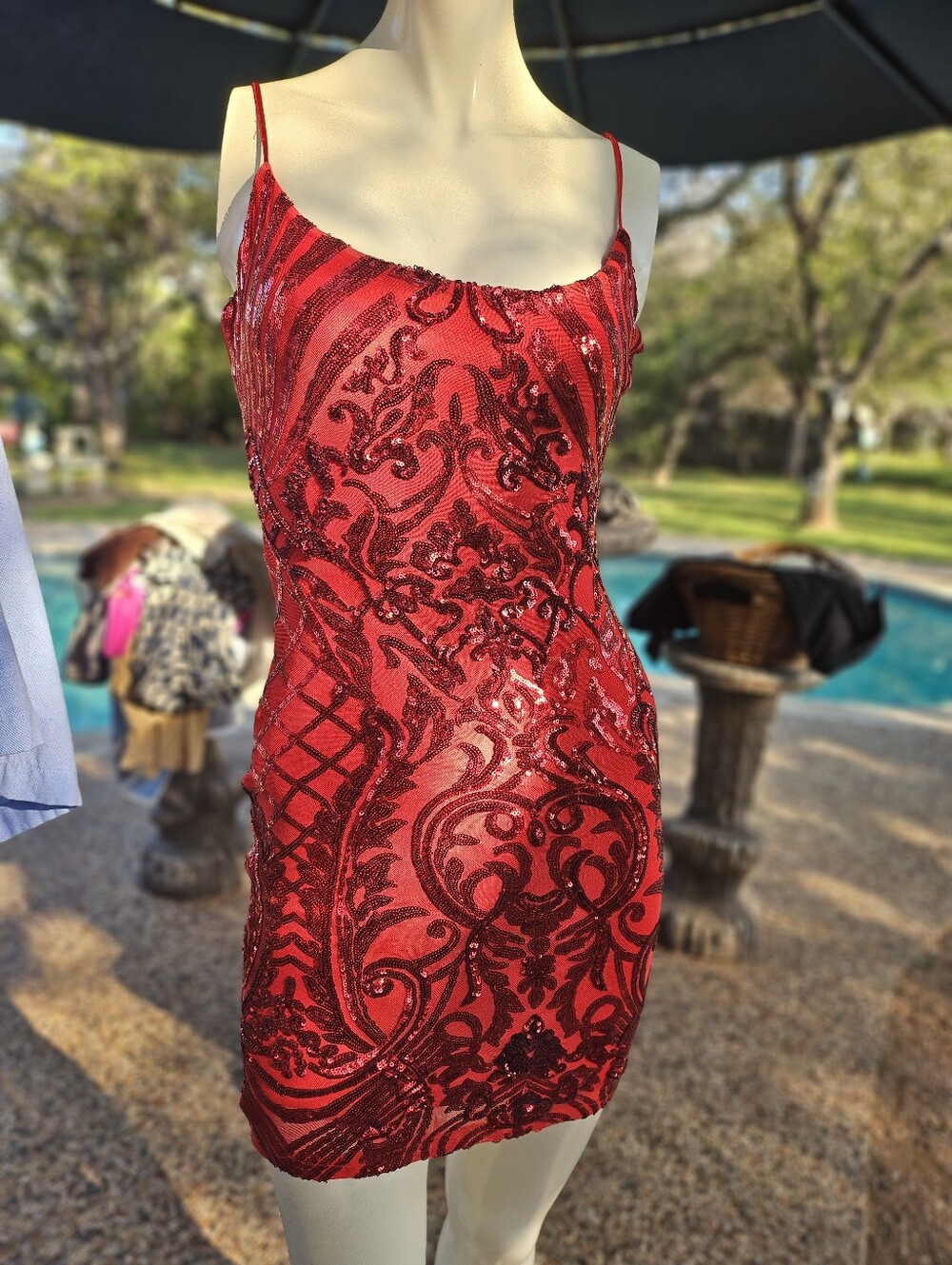 B DARLIN Red Sequin Bodycon Sexy Cocktail Dress with Spaghetti Straps 1/2